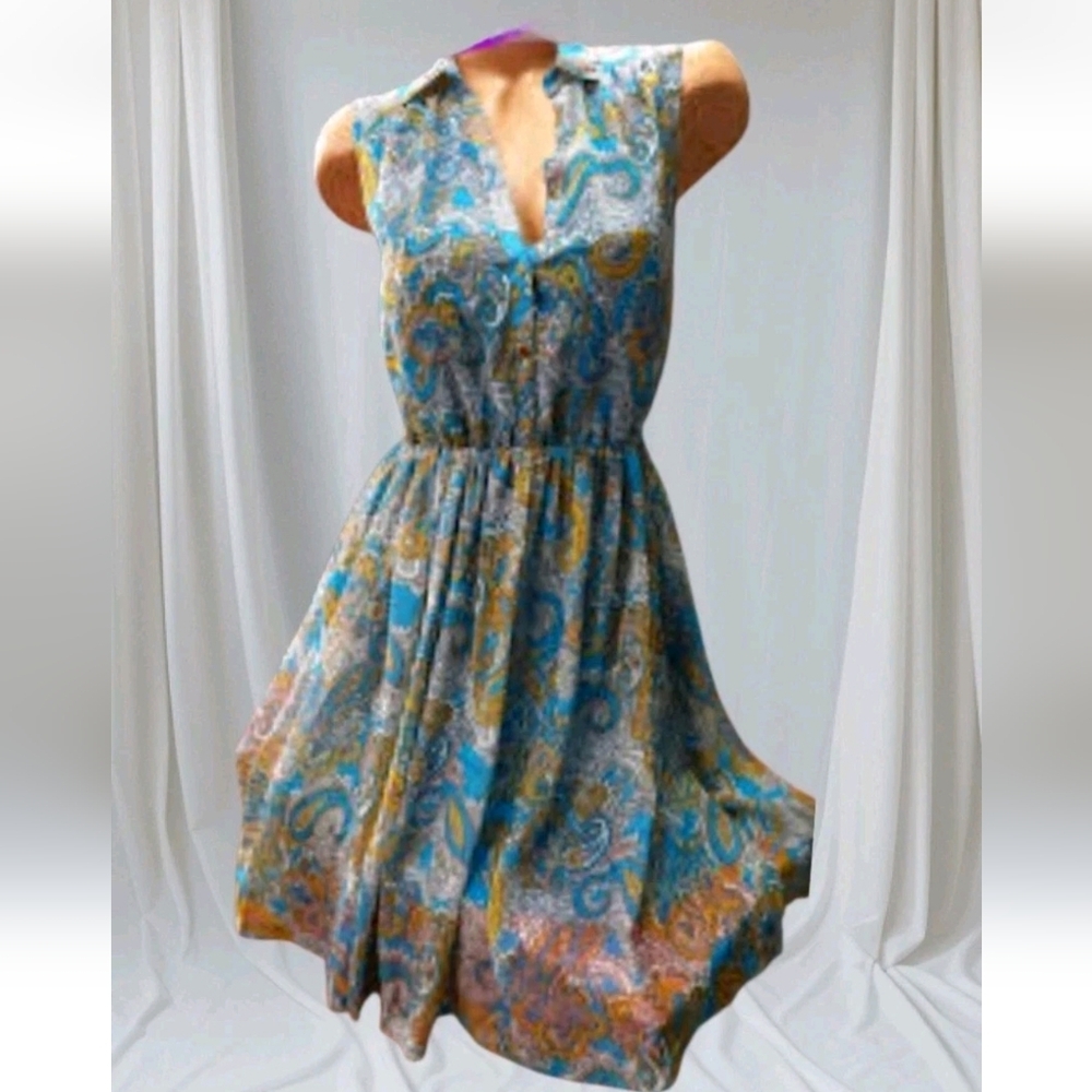 NEW H&M Paisley Sheer Sleevless Belted Midi Fress Blue Festival Boho Fairycore 8 - Picture 13 of 13